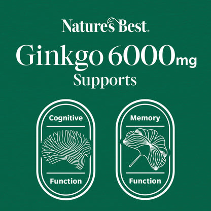 A dark green graphic with white text reading 'Nature's Best Ginkgo 6000mg Supports' and two white oval icons labeled 'Cognitive Function' and 'Memory Function' with ginkgo leaf illustrations.
