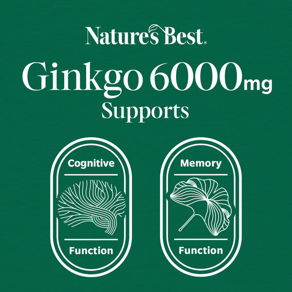 A dark green graphic with white text reading 'Nature's Best Ginkgo 6000mg Supports' and two white oval icons labeled 'Cognitive Function' and 'Memory Function' with ginkgo leaf illustrations.