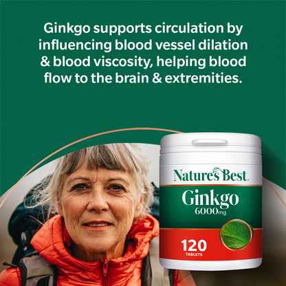 A white tub of Nature's Best Ginkgo 6000mg tablets shown on a dark green promotional graphic with white text explaining ginkgo benefits and a smiling older woman in an orange jacket.