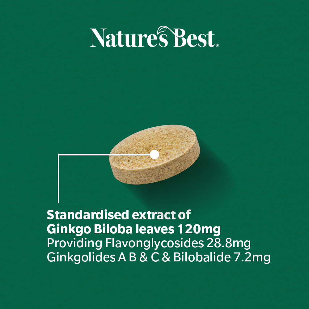 Nature's Best Ginkgo Biloba supplement tablet on a green background with product details.