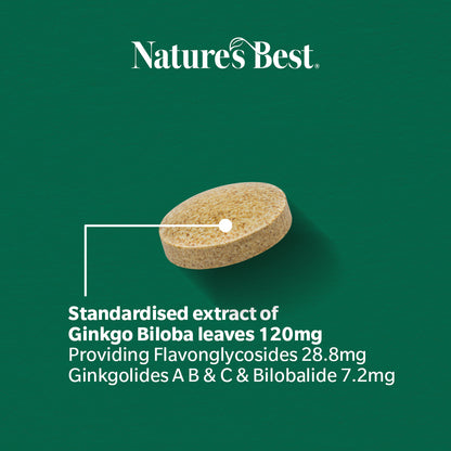 Nature's Best Ginkgo Biloba supplement tablet on a green background with product details.