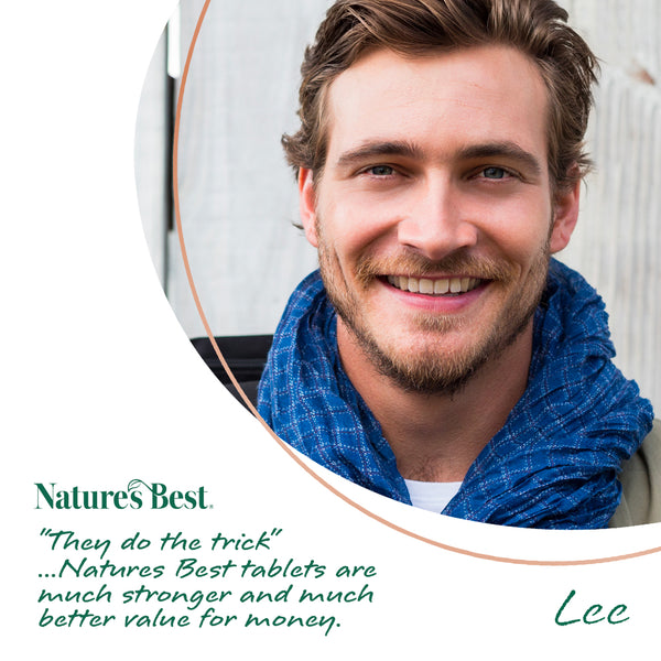 A smiling man with short brown hair and a beard wears a blue patterned scarf, set within a white circular frame. Below, text reads 'Nature's Best' with a quote and the name 'Lee'.
