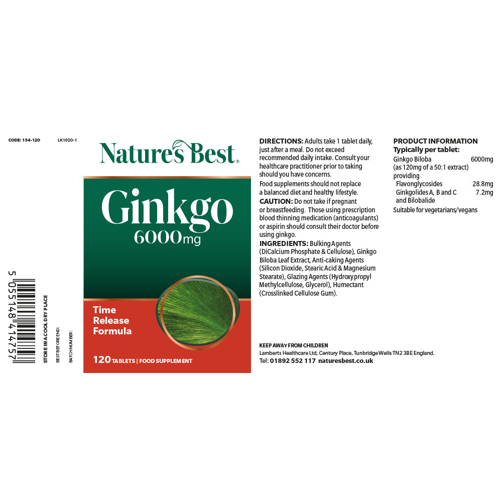 The back of a Nature's Best Ginkgo 6000mg dietary supplement box, showing product information, directions, ingredients, and a barcode on a white background.