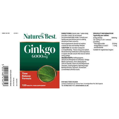 The back of a Nature's Best Ginkgo 6000mg dietary supplement box, showing product information, directions, ingredients, and a barcode on a white background.