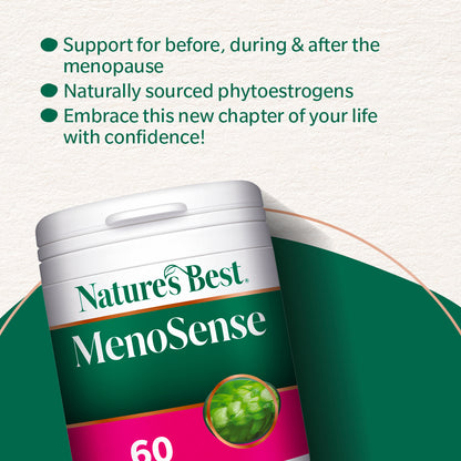 Nature's Best MenoSense supplement container with promotional text on a green background
