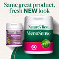 Nature's Best MenoSense supplement containers with text 'Same great product, fresh NEW look'.