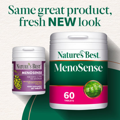 Nature's Best MenoSense supplement containers with text 'Same great product, fresh NEW look'.