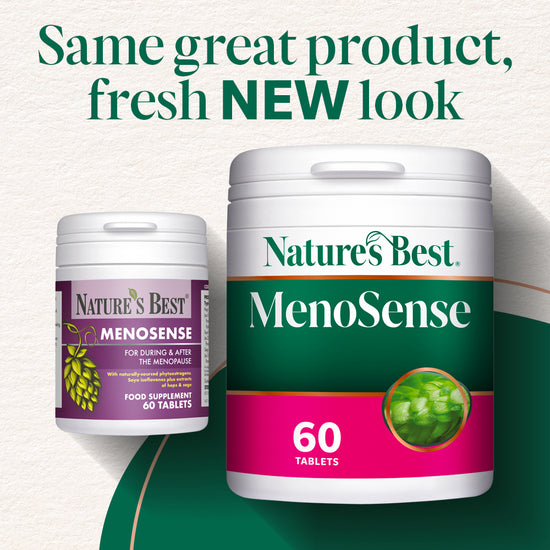 Nature's Best MenoSense supplement containers with text 'Same great product, fresh NEW look'.