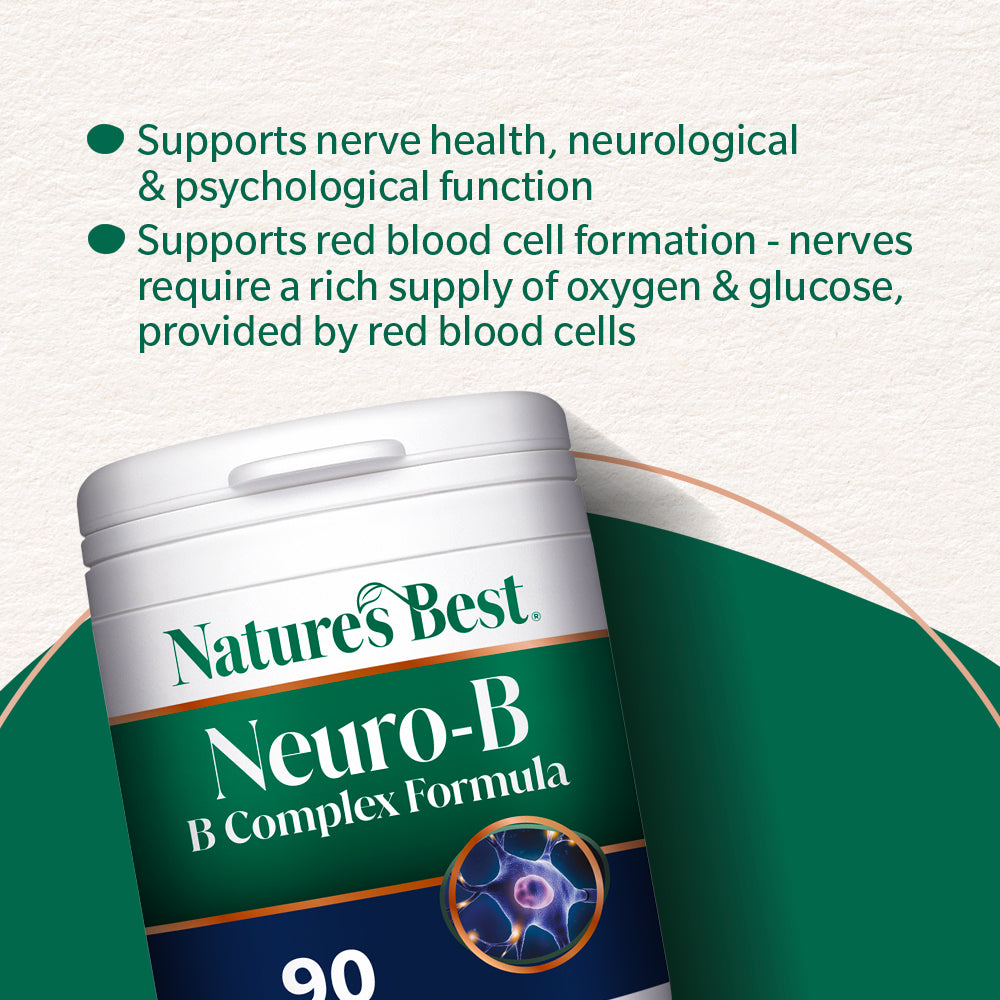 A pot of Nature's Best Neuro B Complex dietary supplement, featuring benefits in text.