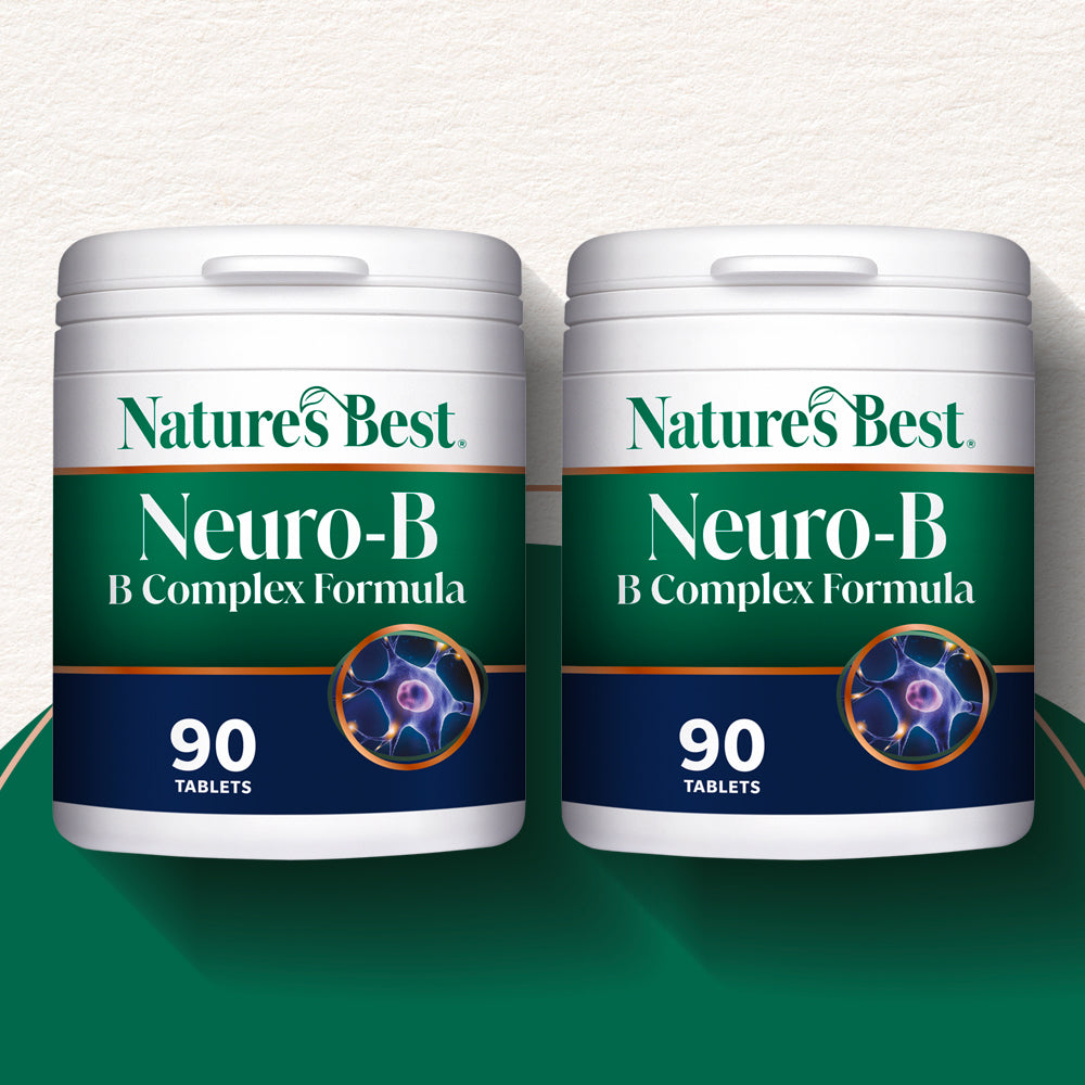 Two containers of Nature's Best Neuro-B B Complex Formula on a green and white background