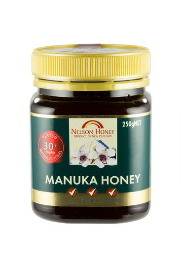 Jar of Nelson Honey Manuka Honey on a white background