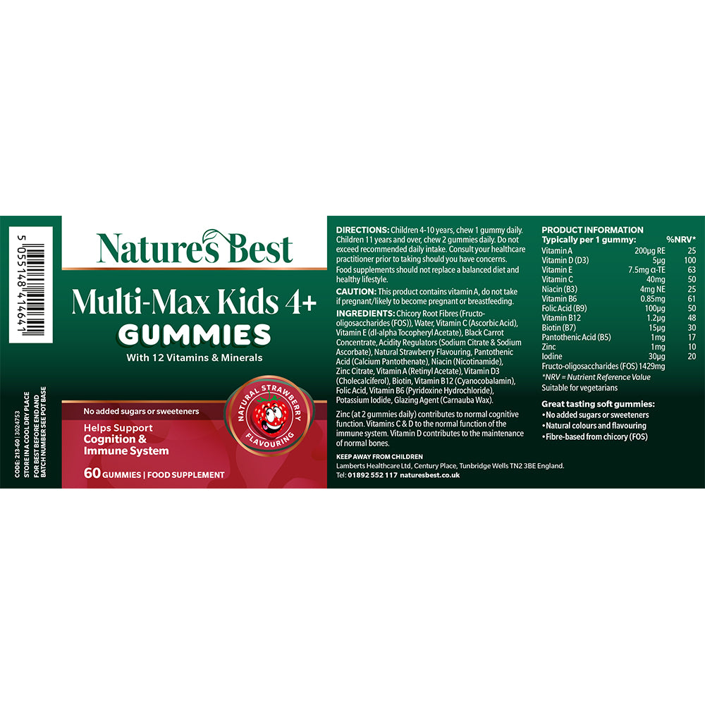 Nature's Best Multi-Max Kids 4+ Gummies packaging label showing product details, directions, ingredients, and nutrition facts on a white background.