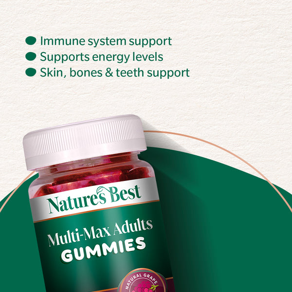 Nature's Best Multi-Max Adults Gummies bottle with benefits listed on a green and white background