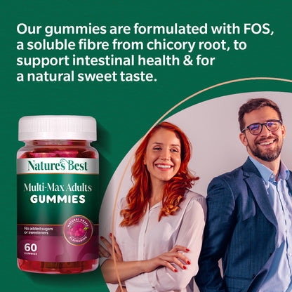 Nature's Best Multi-Max Adults Gummies with a man and woman on a green background