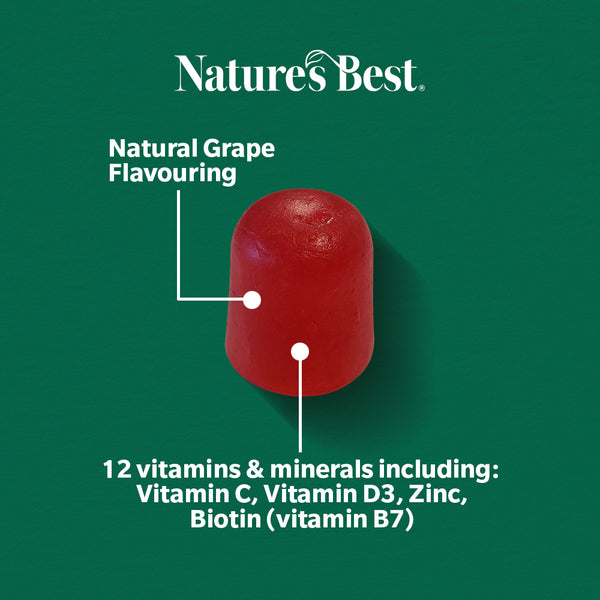 Red supplement capsule with text about natural grape flavoring and nutritional benefits on a green background.