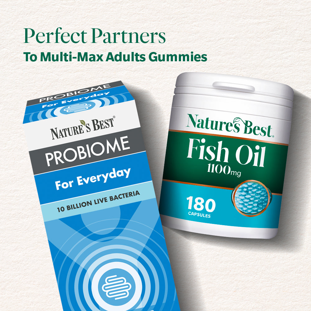 Nature's Best Probiome and Fish Oil products on a light gray background