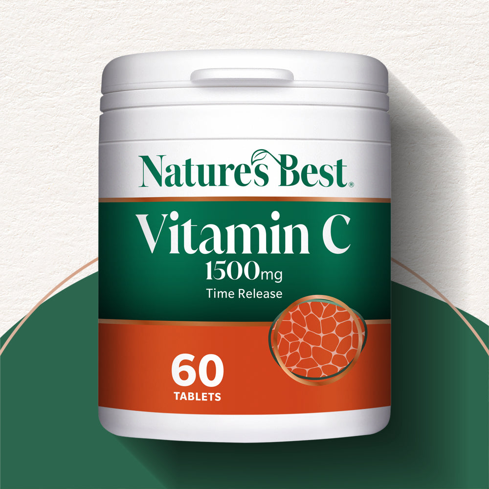 Nature's Best Vitamin C 1500mg tablets in a white plastic bottle with a green and orange label, set against a textured off-white background with a green graphic shape at the bottom.