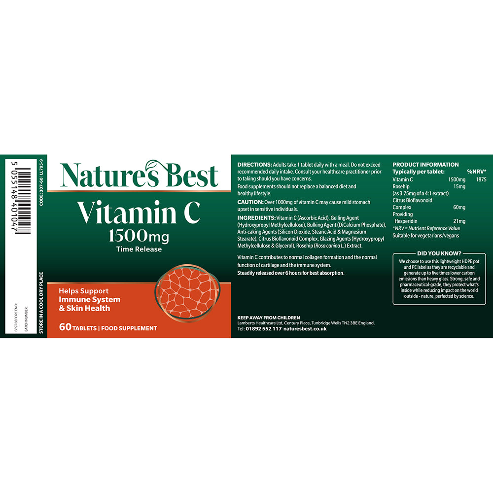 Nature's Best Vitamin C 1500mg Time Release dietary supplement box showing front and back packaging details on a white background.