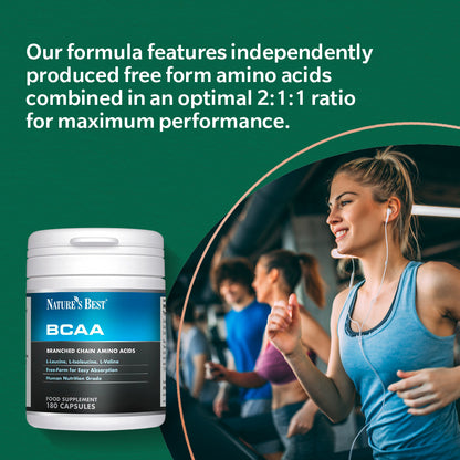 Nature's Best BCAA supplement with a woman exercising in the background on a green background