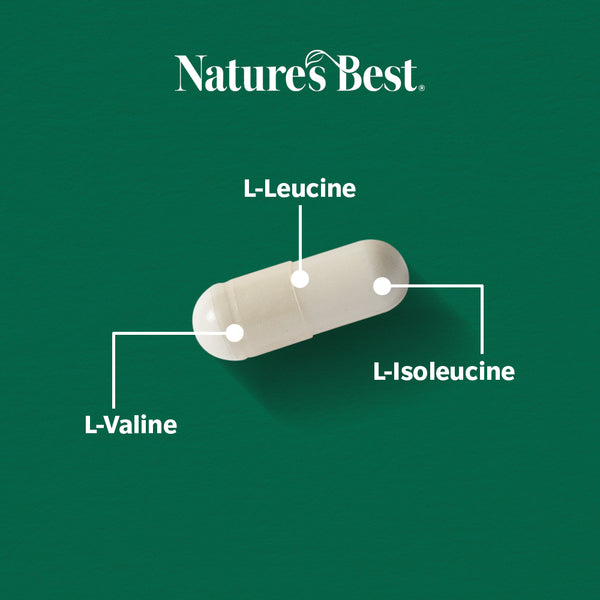 Capsule labeled with 'L-Leucine', 'L-Isoleucine', and 'L-Valine' on a green background with 'Nature's Best' branding.