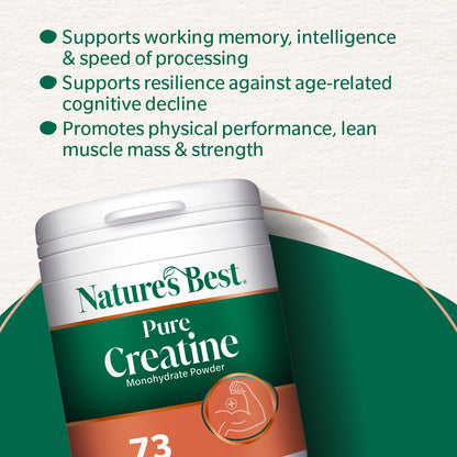 Nature's Best Pure Creatine Monohydrate Powder tub shown on a textured light background with green marketing text above it.