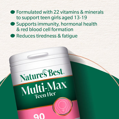 Nature's Best Multi-Max Teen Her supplement container with text about its benefits.