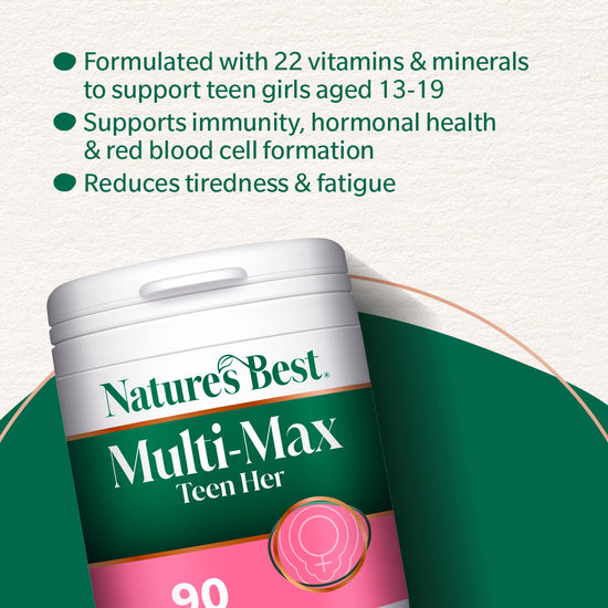 Nature's Best Multi-Max Teen Her supplement container with text about its benefits.