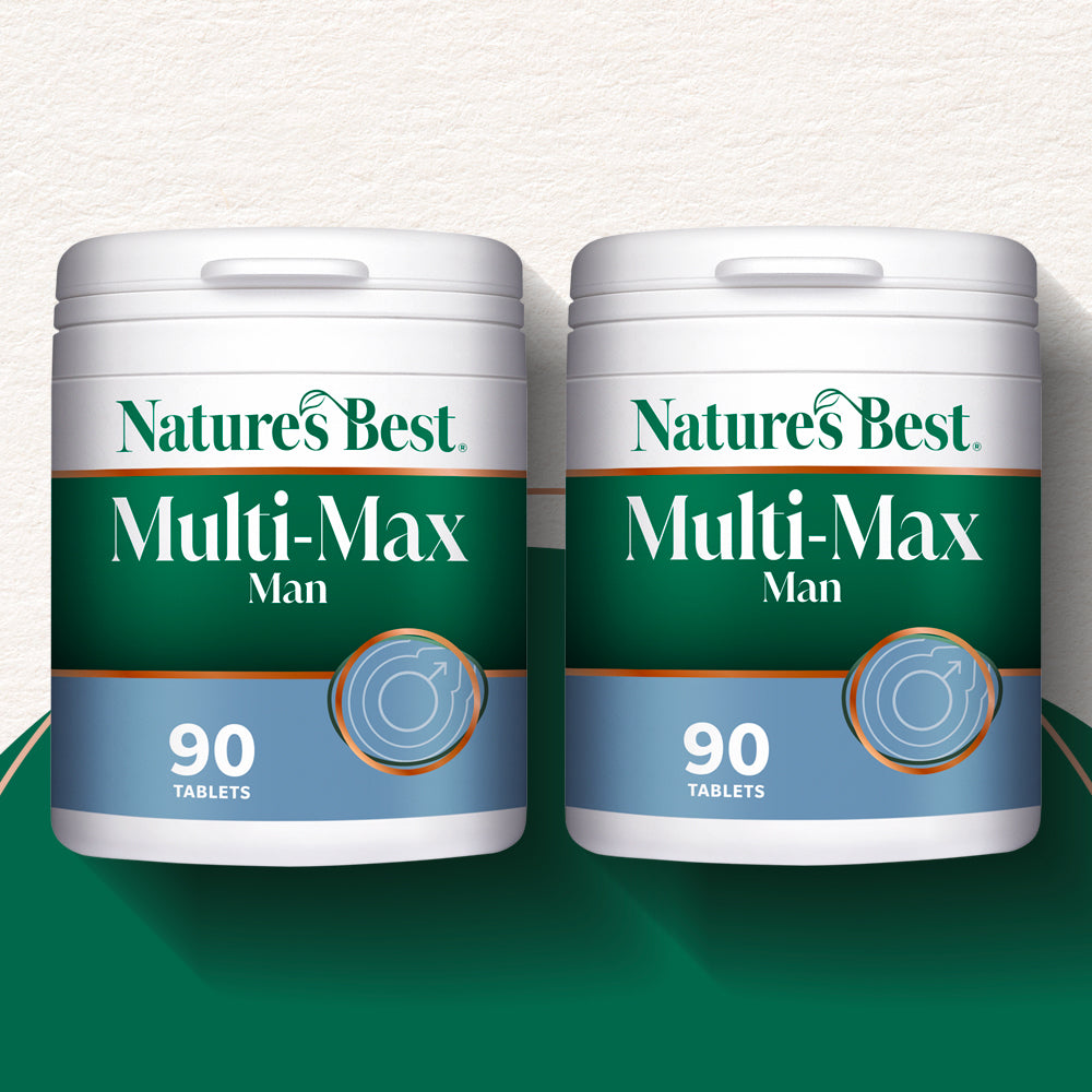Two containers of Nature's Best Multi-Max Man supplement on a white background