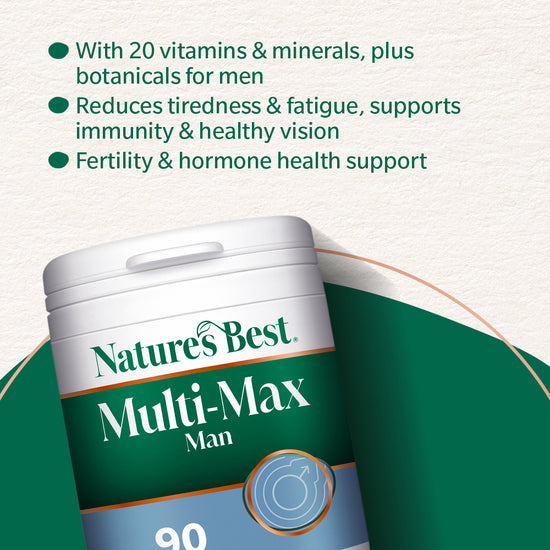 Nature's Best Multi-Max Man supplement container with text about its benefits on a green and white background