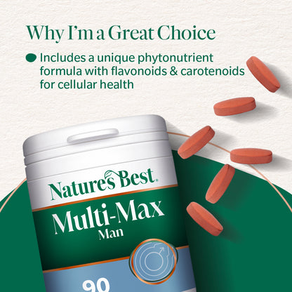 Nature's Best Multi-Max Man supplement container with multivitamin tablets on a light green background