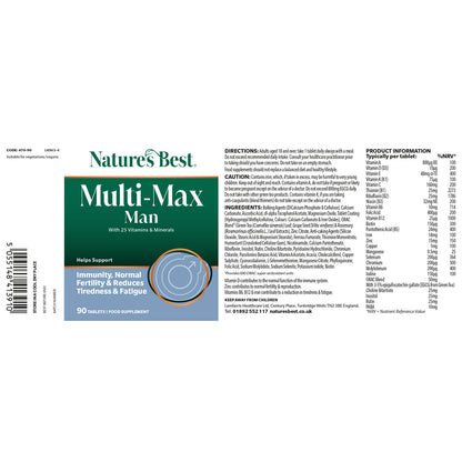 Nature's Best Multi-Max Man supplement label on a white background