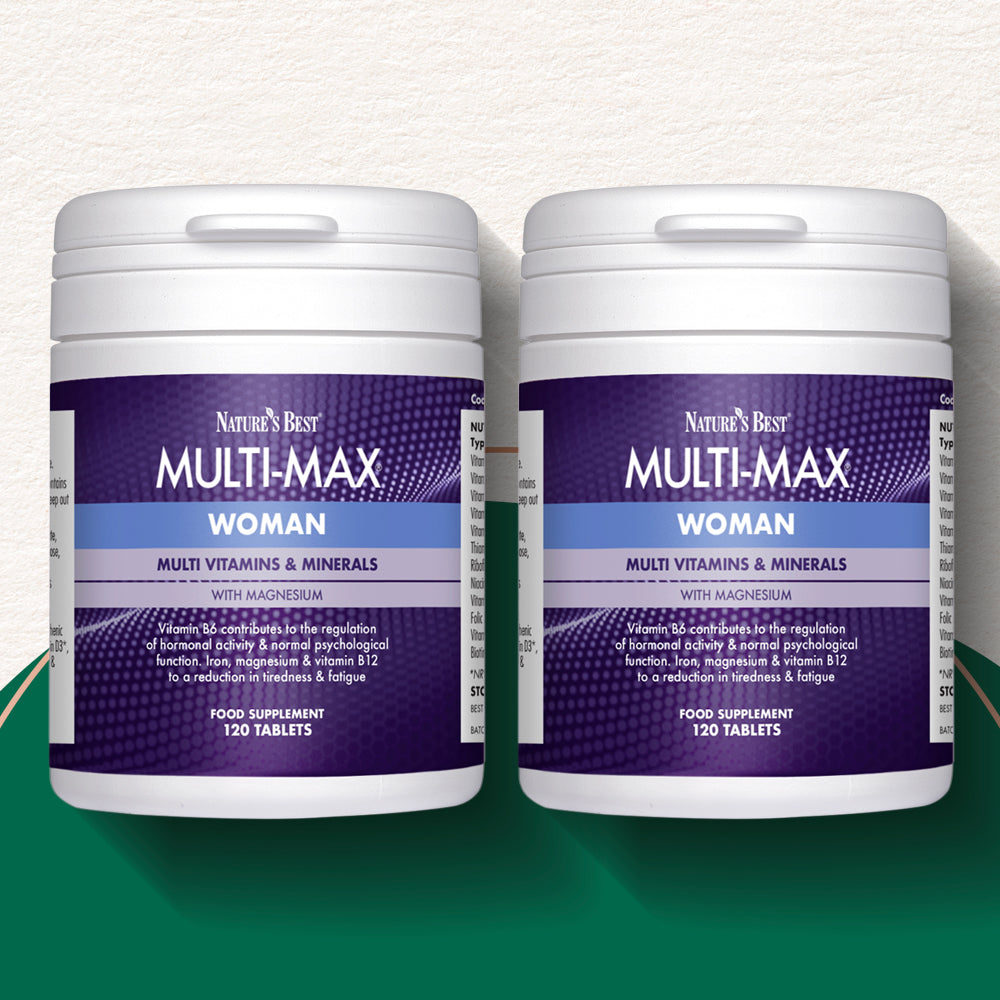 Two bottles of Nature's Best Multi-Max Woman multivitamins on a white background