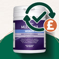 Multivitamin supplement container with a check mark and pound sign icon on a white background
