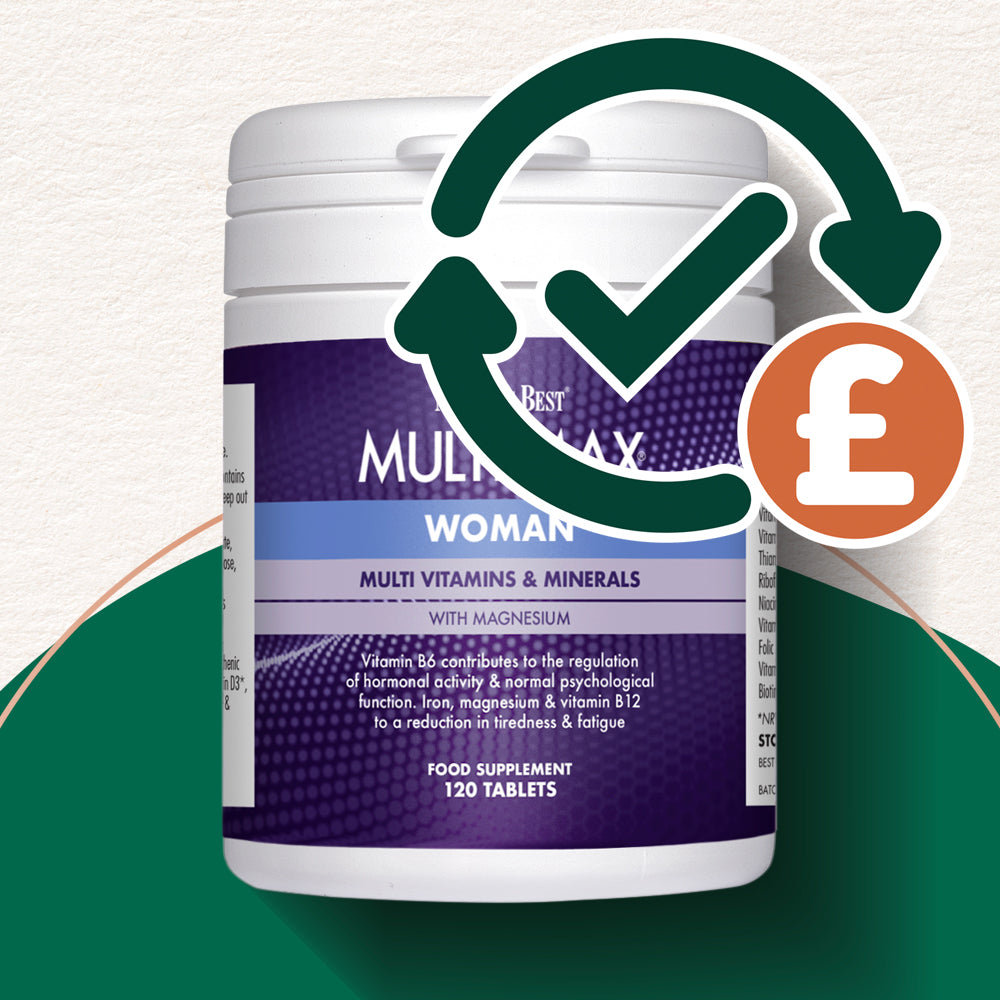 Multivitamin supplement container with a check mark and pound sign icon on a white background