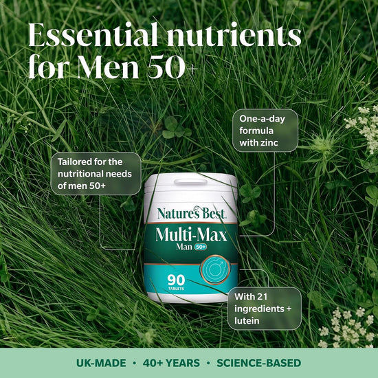 Multi-Max Man 50+ Pot in the grass surrounded by text