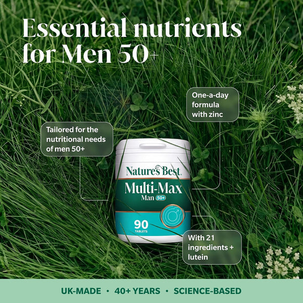 Multi-Max Man 50+ Pot in the grass surrounded by text