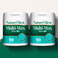 Two containers of Nature's Best Multi-Max Man 50+ supplement on a white background