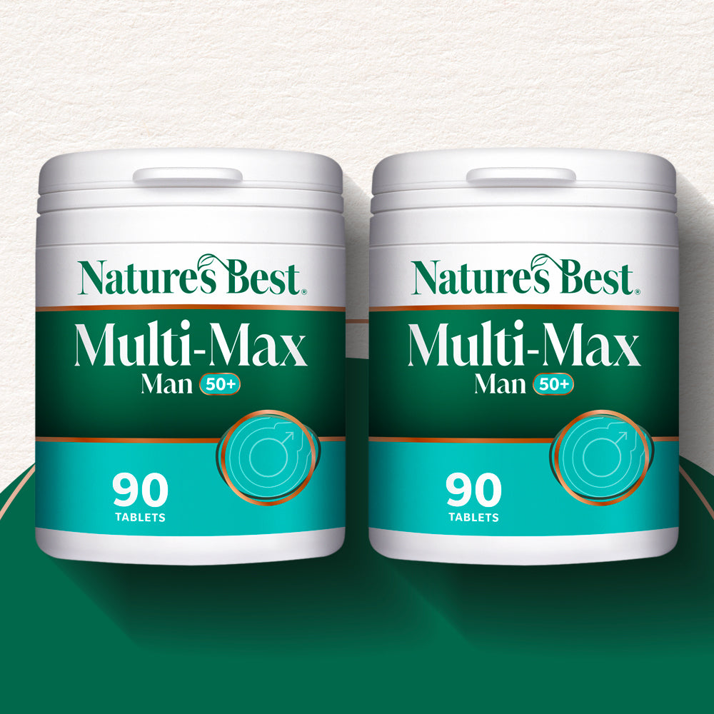 Two containers of Nature's Best Multi-Max Man 50+ supplement on a white background