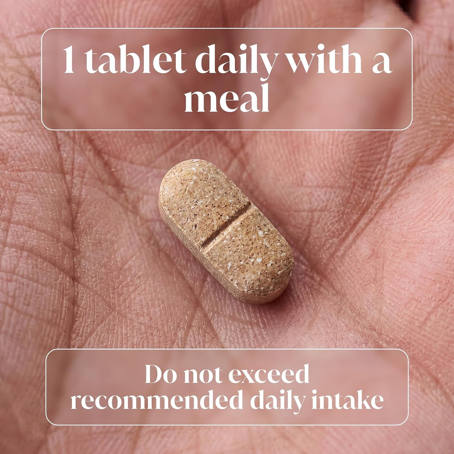 A single beige oval tablet with a scored line down the center rests on an open palm. White text overlays read '1 tablet daily with a meal' and 'Do not exceed recommended daily intake'.