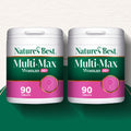 Two bottles of Nature's Best Multi-Max Woman 50+ supplement on a white background