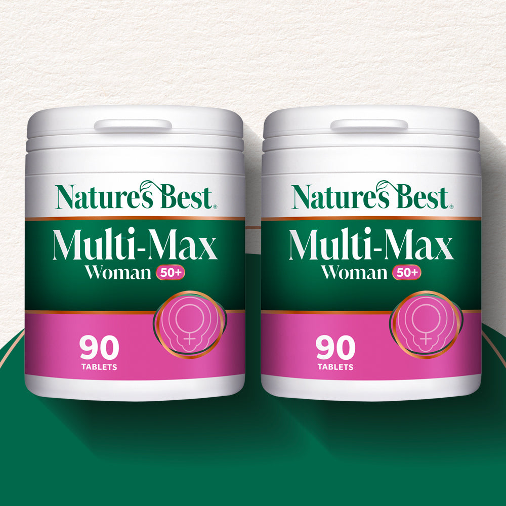 Two bottles of Nature's Best Multi-Max Woman 50+ supplement on a white background