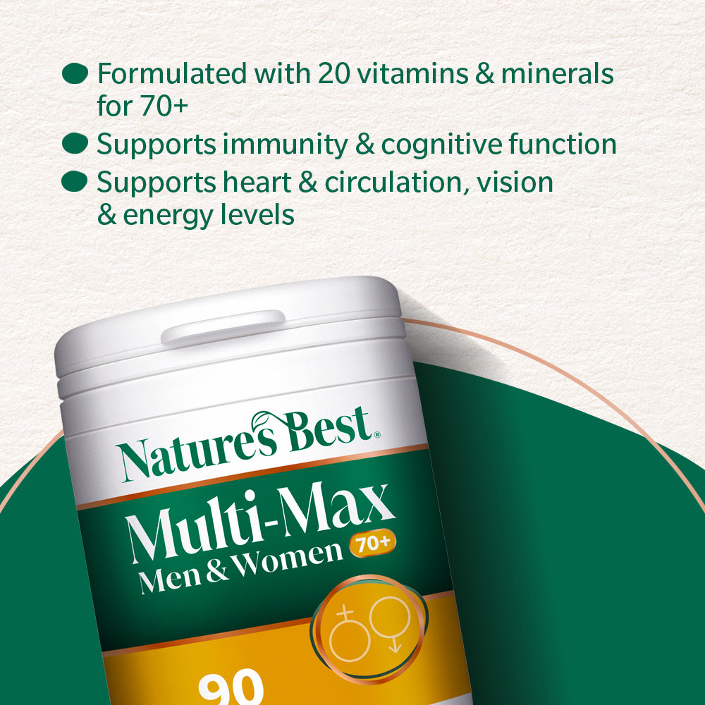 Nature's Best Multi-Max supplement container with product details on a light green background