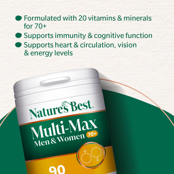 Nature's Best Multi-Max supplement container with product details on a light green background