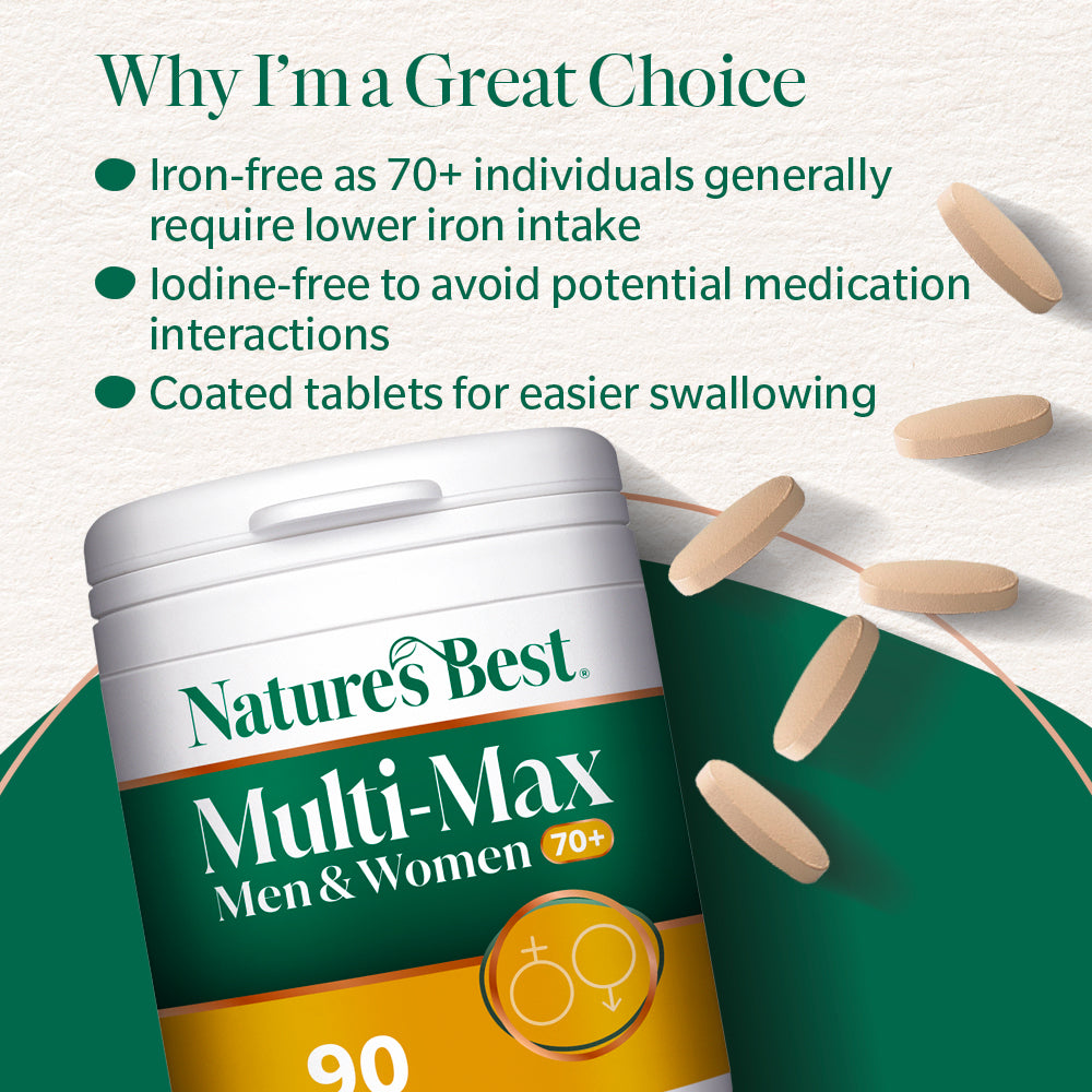 Nature's Best Multi-Max supplement container with pills on a light background
