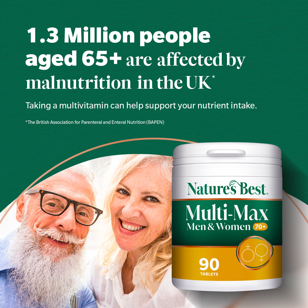 Advertisement for Nature's Best Multi-Max Multivitamin with an elderly couple and text about malnutrition.