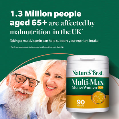 Advertisement for Nature's Best Multi-Max Multivitamin with an elderly couple and text about malnutrition.
