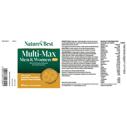 Nature's Best Multi-Max Men & Women 70+ supplement label on a white background