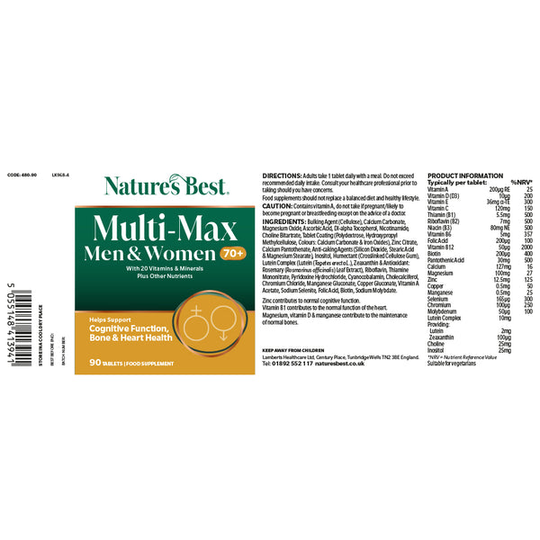 Nature's Best Multi-Max Men & Women 70+ supplement label on a white background