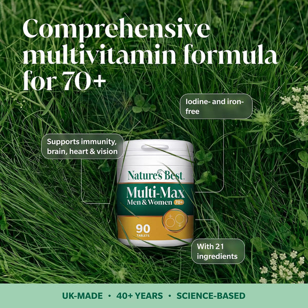 Nature's Best Multi-Max Men & Women multivitamin supplement bottle placed on a bed of green grass with text callouts highlighting key benefits: comprehensive multivitamin formula for 70+, support for immunity, brain, heart, and vision, iodine- and iron-free, and 90 tablets with 21 ingredients.
