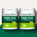 Two containers of Nature's Best Multi-Max Recharge on a green and white background